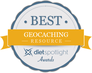 Best GEOCACHING Resource, Diet Spotlight Awards; Gray Circle With Dark Blue Fringe And Gold Ribbon horizontally across the center of the Circle